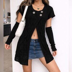 Y2K Roxy Ro Black Cardigan tunic Button Accents Vintage Short sleeves Cable Knit
